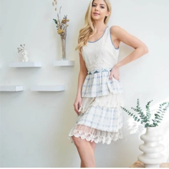 RYU Plaid embroidery lace ruffle cottagecore Cocktail Easter Dress spring summer - Picture 1 of 13